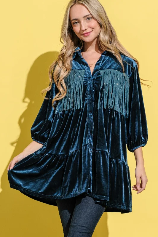 Women's shirt dress minimalist design -And The Why Fringe Detailed Velvet Shirt Dress