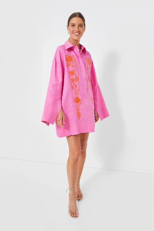 Pink Embroidered Hemp Mini Dress