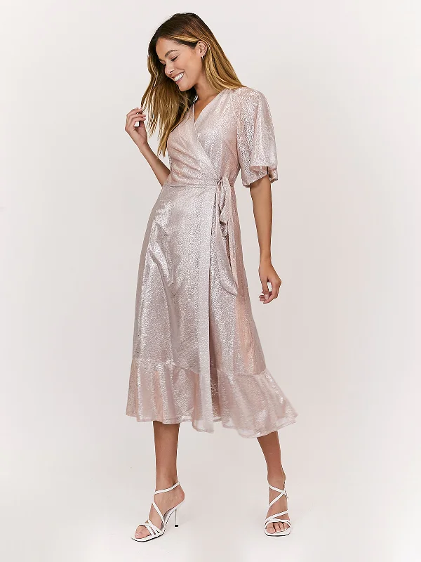 Women's midi dress asymmetrical -Peyton Angel Sleeve Blush Metallic Wrap Midi Dress