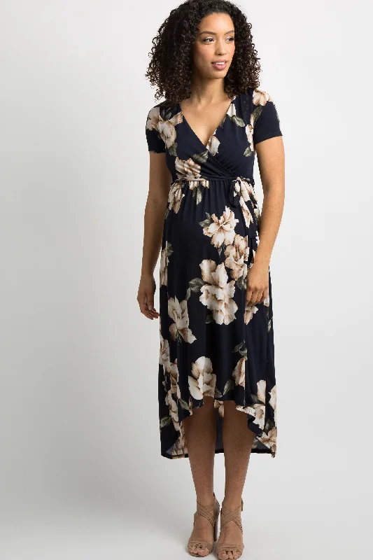 Women's maternity dress postpartum -PinkBlush Navy Blue Floral Hi-Low Maternity Wrap Dress