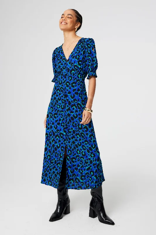 Women's midi dress statement -Blue with Green and Black Shadow Leopard Flute Sleeve Midi Tea Dress