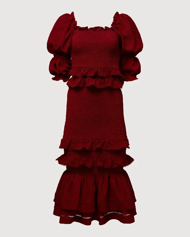 Women's midi dress chic -Rachel Parcell | Jaquard Smocked Midi Dress | Deep Red