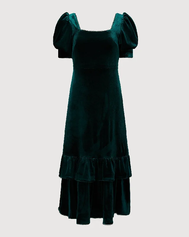 Women's midi dress casual -Rachel Parcell | Puff Sleeve Peplum Skirt Midi Dress | Dark Emerald