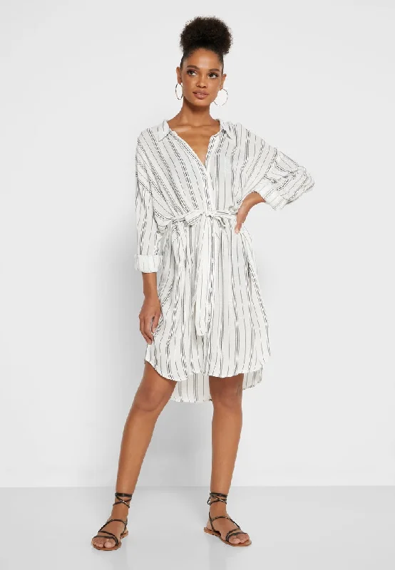 Women's shirt dress lightweight check -Stripe Belted Beach Shirt