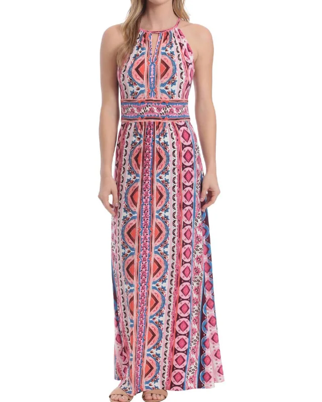 Ladies maxi dress high low -Morris Geometric Maxi Dress In White/Pink | White/Pink