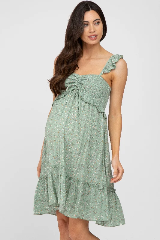 Women's maternity dress knee length -Light Olive Floral Ruffle Accent Smocked Maternity Dress