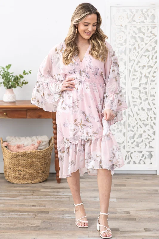 Women's midi dress urban -Blush Floral Print Dolman Sleeve Midi Dress