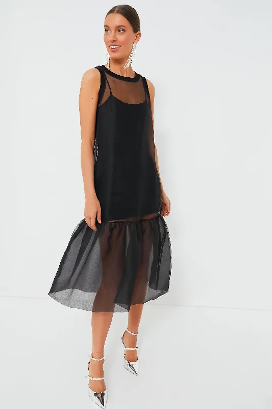 Women's midi dress maternity -Black Midi Organza Ribbed Dress