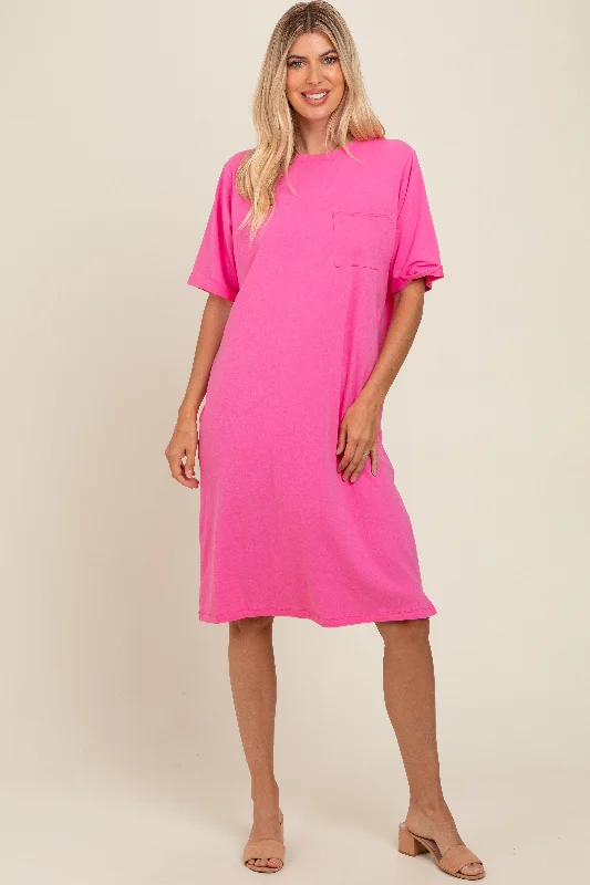 Women's shirt dress utility style -Pink Oversized Round Neck T-Shirt Dress