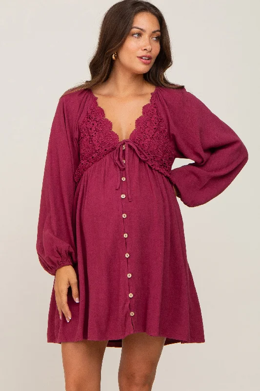 Women's maternity dress sale -Burgundy Crochet Lace Button Front Maternity Dress