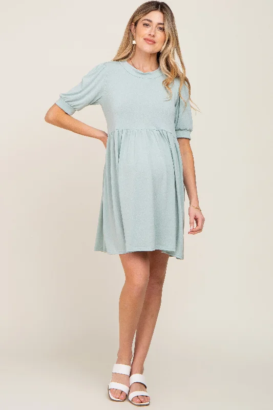 Women's maternity dress pastel green -Light Green High Neck Puff Sleeve Maternity Dress