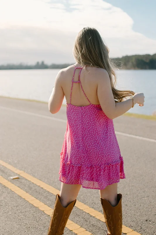 Ladies mini dress silver -Hot Pink Cross Back Mini Dress