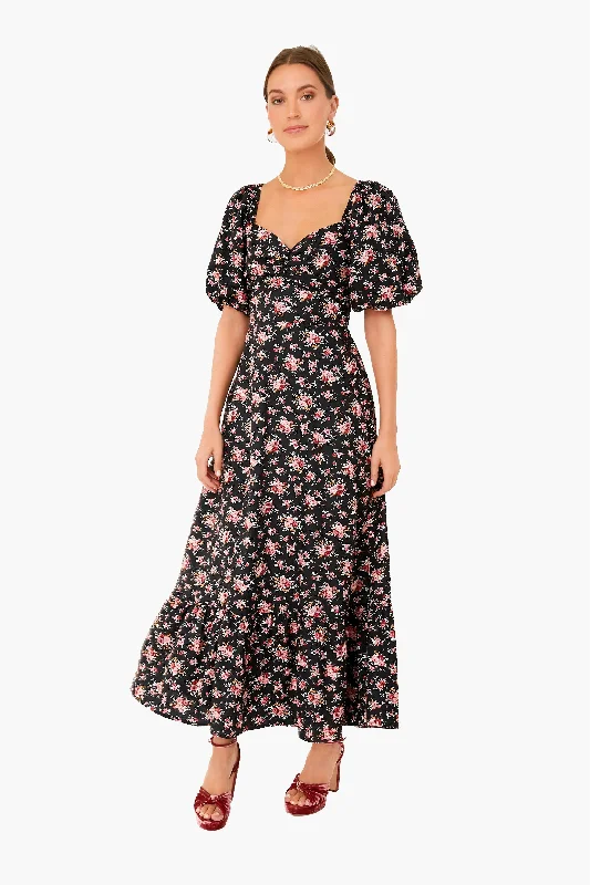 Women's midi dress cocktail -Black Floral Seaport Midi Dress