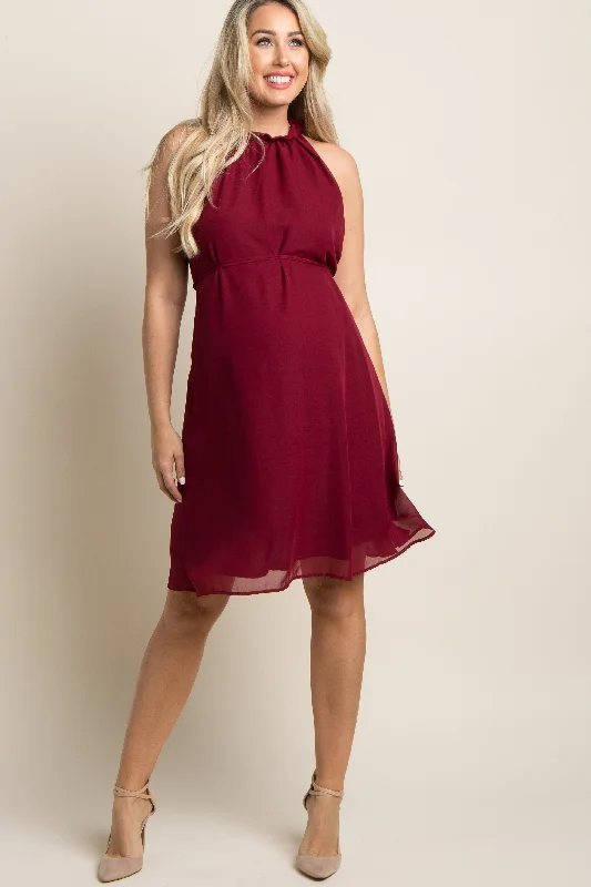 Women's maternity dress high waist -Burgundy Chiffon High Neck Maternity Dress