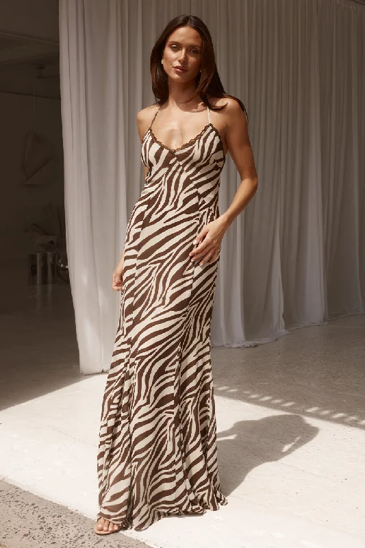 Ladies maxi dress flowy -Amina Maxi Dress - Zebra Chocolate