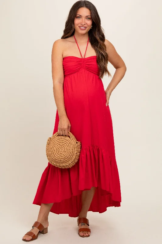 Women's maternity dress side tie -Red Halter Neck High-Low Hem Maternity Dress