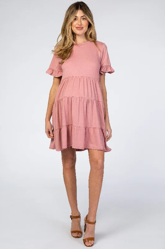 Women's maternity dress smocked back -Pink Tiered Short Sleeve Maternity Dress