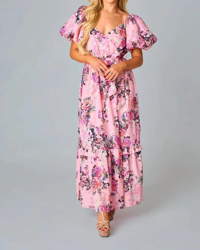 Ladies maxi dress abstract print -Sydney Puff Sleeve Maxi Dress In Bashful | Bashful