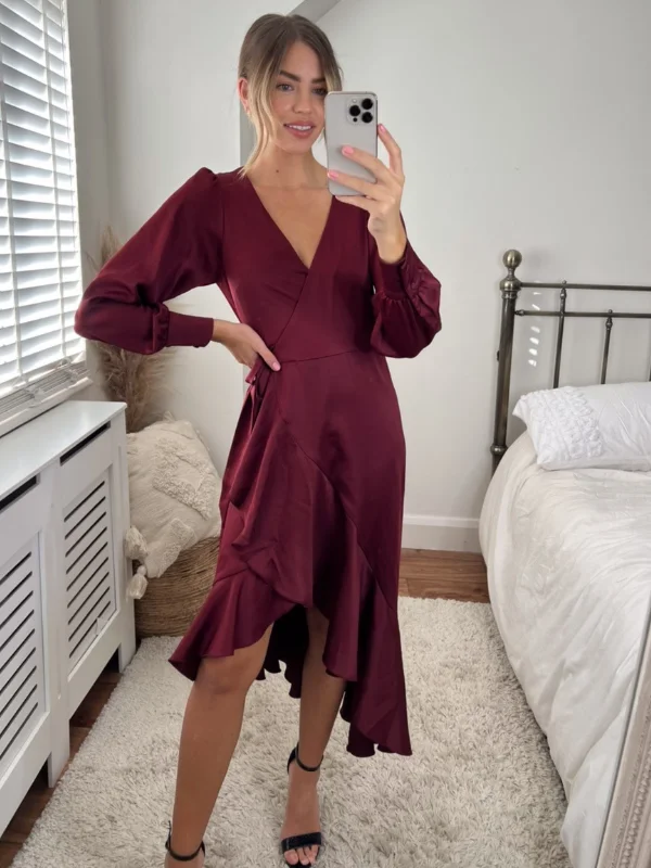 Women's midi dress backless -Charlotte Wrap Midi Dress / Mulberry Red