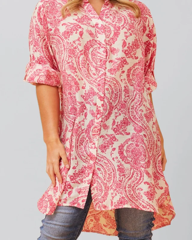 Women's shirt dress tailored denim -Cezanne Tunic Shirt Dress Semi-Sheer Paisley Print | Pink