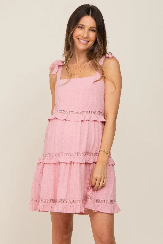 Women's maternity dress modern -Pink Sleeveless Tiered Maternity Dress