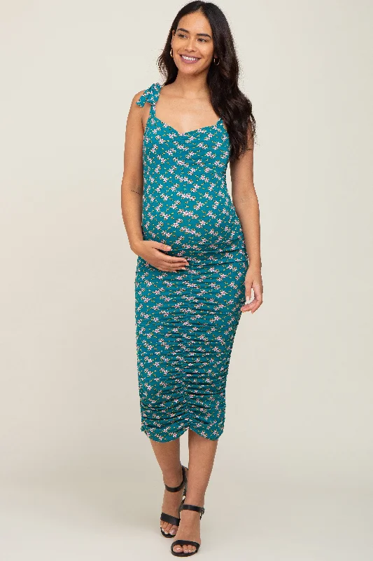 Women's maternity dress delivery -Teal Floral Ruched Shoulder Tie Maternity Dress