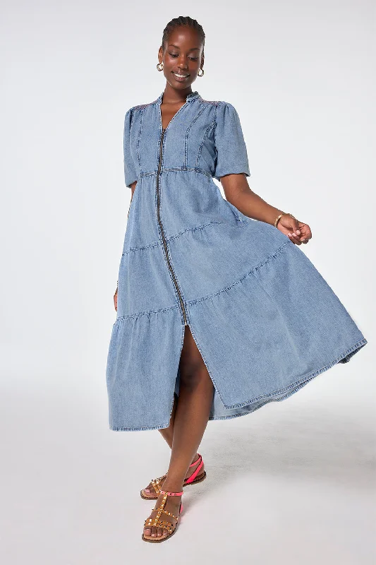 Women's midi dress distressed -Pale Indigo Zip Detail Tiered Midi Denim Dress