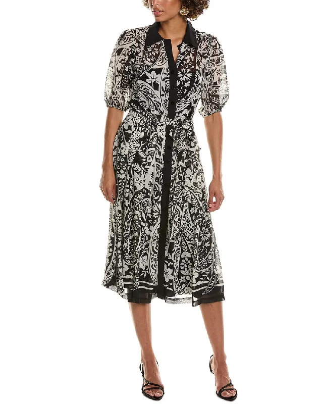 Women's shirt dress muted olive -Teri Jon by Rickie Freeman Chiffon Print Shirtdress