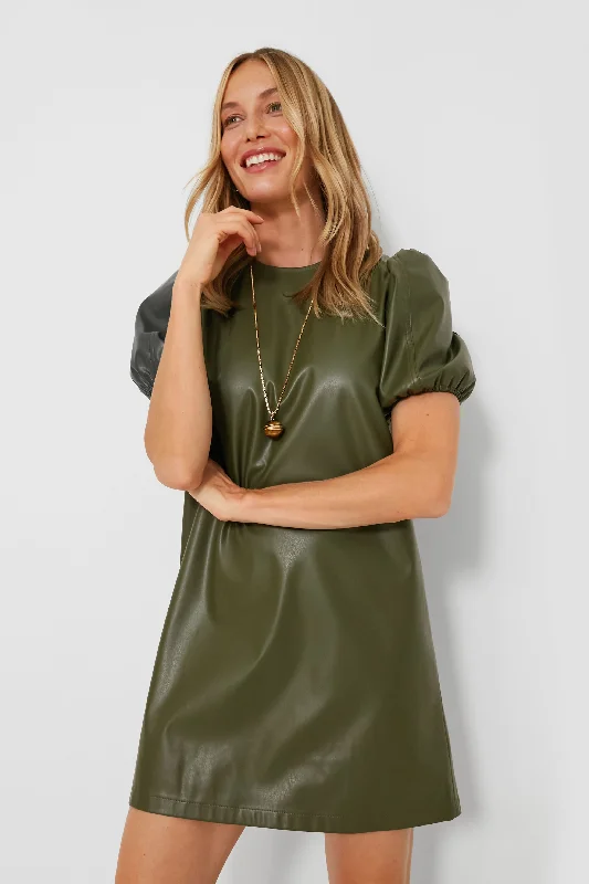 Ladies mini dress gathered -Green Faux Leather McShea Mini Dress