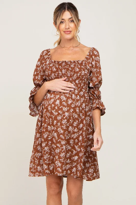 Women's maternity dress three quarter sleeve -Brown Floral Ruffle Sleeve Smocked Maternity Dress