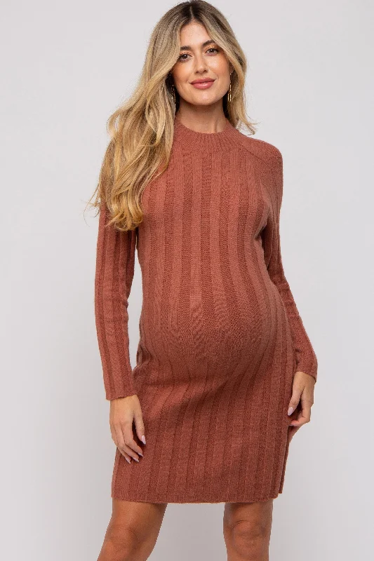 Women's maternity dress smocked -Rust Knit Cutout Back Maternity Sweater Dress