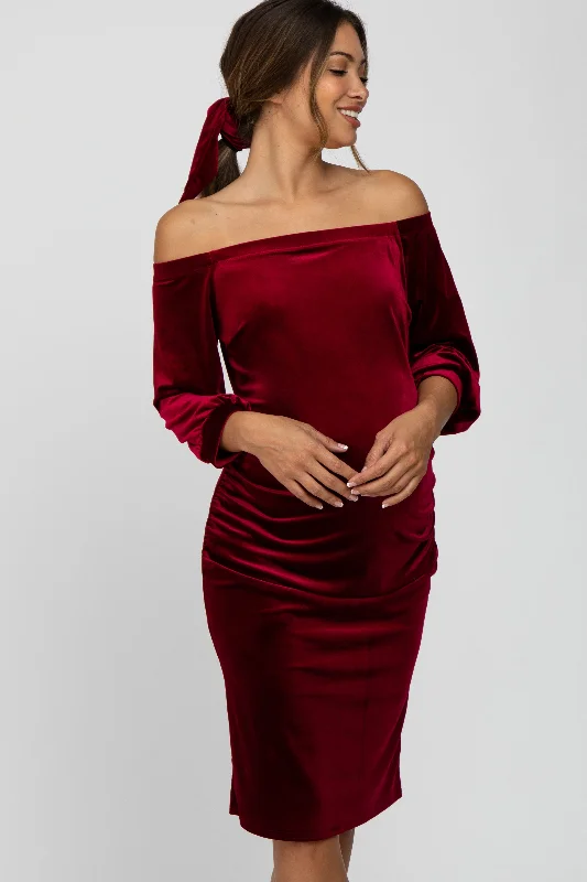 Women's maternity dress pastel blue -Burgundy Velvet Off Shoulder Fitted Maternity Dress