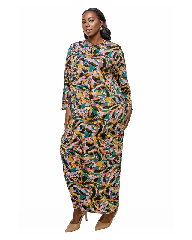 Ladies maxi dress high neck -Aurora Asymmetrical Maxi Dress | Green Multi