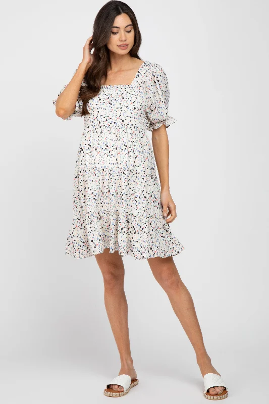 Women's maternity dress ankle length -Ivory Printed Puff Sleeve Maternity Tiered Dress