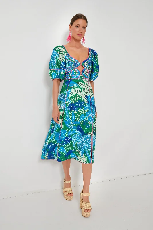 Women's midi dress bishop sleeve -Jungle Panther Green Midi Dress