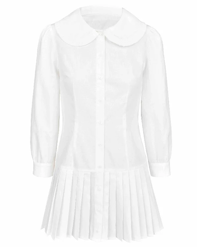 Women's shirt dress relaxed check -Pleat Shirt Dress - White