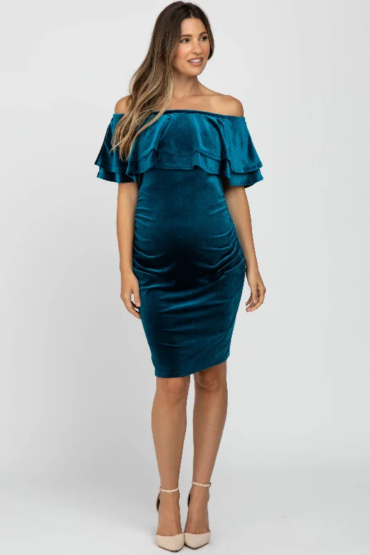 Women's maternity dress loose waist -Teal Velvet Off Shoulder Fitted Maternity Dress