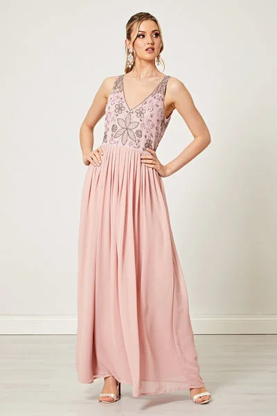 Ladies maxi dress high low -Embellished Maxi Pink Dress