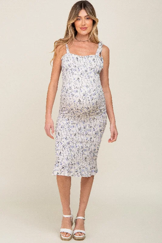 Women's maternity dress branded -White Floral Smocked Fitted Maternity Dress