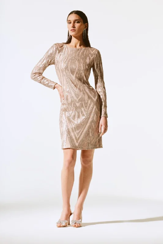 Ladies party dress rose gold -Joseph Ribkoff Matte Gold Sequined Open Back Party Dress 243774