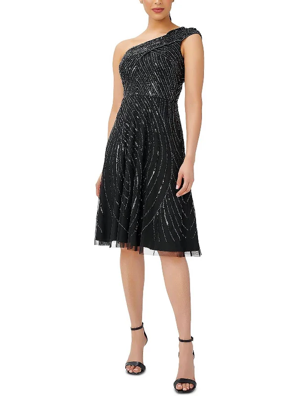 Ladies party dress plunging neckline -Womens One Shoulder Embellished Cocktail and Party Dress