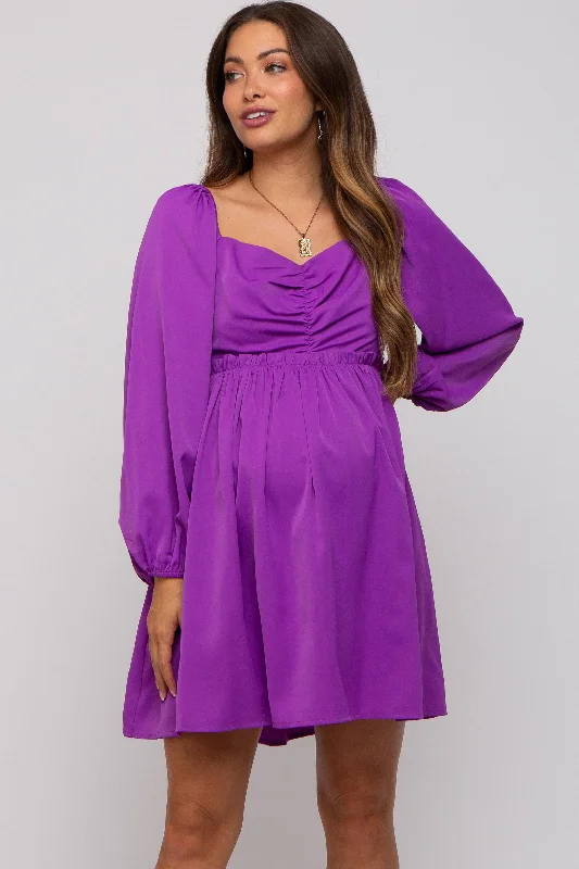 Women's maternity dress jersey -Purple Gathered Waist Long Sleeve Maternity Dress