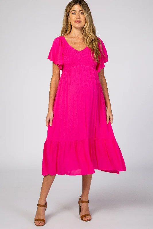 Women's maternity dress peplum style -Fuchsia Smocked Ruffle Maternity Dress