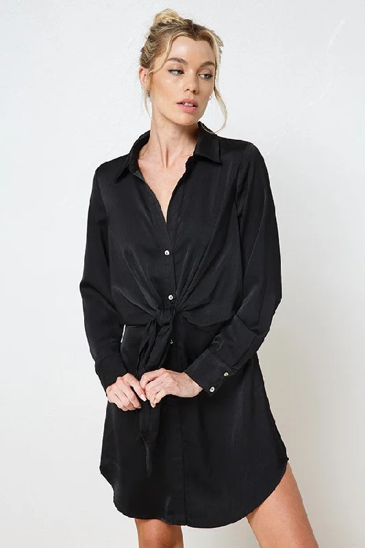 Women's shirt dress urban casual -Black Satin Front Tie Shirt Dress