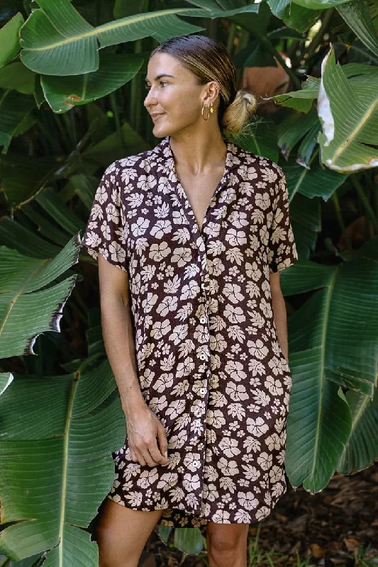 Women's shirt dress travel essential -Aloha Shirt Dress - Brown Tropics