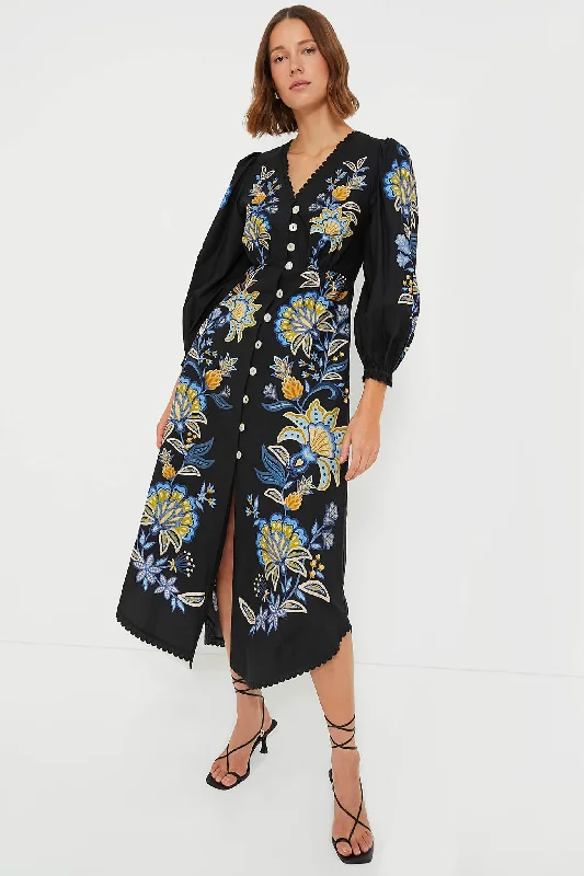 Women's midi dress affordable -Stitched Garden Black Midi Dress