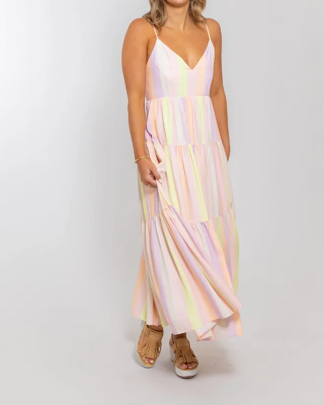 Ladies maxi dress split hem -Pastel Stripe Maxi Dress in Pastel | Pastel