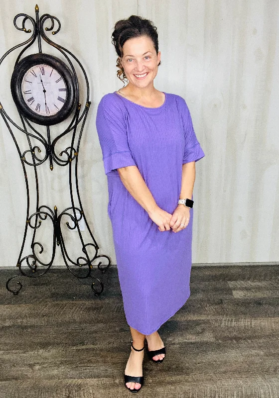 Women's shirt dress weekend getaway -Ribbed T-Shirt Dress-Purple