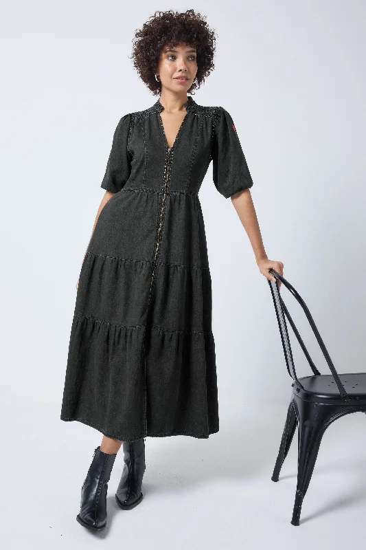 Women's midi dress smocked -Washed Black Studded Zip Detail Tiered Midi Denim Dress