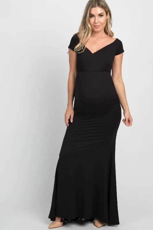 Women's maternity dress party -PinkBlush Black Off Shoulder Wrap Maternity Photoshoot Gown/Dress